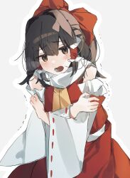 Rule 34 | 1girl, ascot, bare shoulders, black hair, blush, bow, brown eyes, detached sleeves, grey background, hair between eyes, hair bow, hair tubes, hakurei reimu, higa (gominami), highres, japanese clothes, long hair, nontraditional miko, open mouth, red bow, red skirt, sidelocks, simple background, skirt, solo, touhou, upper body, white sleeves, wide sleeves, yellow ascot
