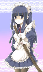 Rule 34 | 1girl, alice (ragnarok online), apron, blue dress, blue eyes, blue hair, blunt bangs, breasts, broom, commentary request, cowboy shot, dress, hime cut, holding, holding broom, long hair, looking at viewer, maid, maid headdress, medium breasts, neck ribbon, open mouth, pantyhose, ragnarok online, red ribbon, reona amane, ribbon, shaded face, solo, white apron