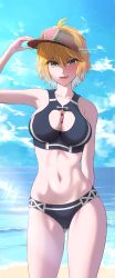 Rule 34 | 1girl, beach, blonde hair, blue eyes, breasts, cleavage, fiora (xenoblade), green eyes, hat, highres, large breasts, looking at viewer, mercury xeno, navel, open mouth, short hair, simple background, smile, solo, swimsuit, xenoblade chronicles 1, xenoblade chronicles (series)