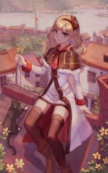 Rule 34 | 1girl, animal, azur lane, bekko, boots, bow, brown thighhighs, cat, chimney, coat, dorsetshire (azur lane), flower, highres, holding, holding flower, lighthouse, looking at viewer, necktie, outdoors, red necktie, roofing tile, rooftop, sitting, solo, thighhighs, white coat, window