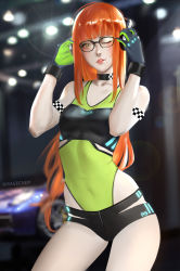Rule 34 | 1girl, breasts, choker, covered navel, glasses, gloves, headphones, highres, long hair, looking at viewer, one eye closed, orange hair, persona, persona 5, race queen, ragecndy, sakura futaba, skin tight, small breasts, smile, solo, twitter username, very long hair, yellow eyes