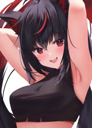 Rule 34 | 1girl, animal ear fluff, animal ears, armpits, arms up, black hair, black shirt, blush, braid, commentary request, crop top, earrings, fox ears, fox girl, fox tail, hair between eyes, halterneck, hands in hair, highres, hololive, jewelry, kurokami fubuki, long hair, looking at viewer, multicolored hair, open mouth, red eyes, red hair, shirt, sidelocks, simple background, single braid, sleeveless, smile, solo, streaked hair, tail, uechin ewokaku, virtual youtuber, white background