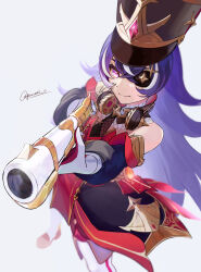 Rule 34 | 1girl, absurdres, aiming, aiming at viewer, antique firearm, bare shoulders, black necktie, chevreuse (genshin impact), commentary request, detached collar, detached sleeves, dress, earmuffs, earmuffs around neck, eyepatch, firearm, genshin impact, gloves, gold trim, gun, hat, highres, holding, holding gun, holding weapon, long hair, looking at viewer, mole, mole under mouth, multicolored hair, musket, necktie, pointy hair, puffy detached sleeves, puffy sleeves, purple eyes, purple hair, red dress, shako cap, smile, solo, streaked hair, two-tone dress, two-tone hair, very long hair, weapon, white gloves, white hair, yuurai 0
