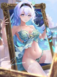 Rule 34 | 1girl, absurdres, aqua hair, bare arms, bare shoulders, black hairband, bra, breasts, bug, butterfly, colored inner hair, commentary request, firefly (honkai: star rail), green bra, green panties, groin, hairband, highres, holding, honkai: star rail, honkai (series), insect, large breasts, looking at viewer, multicolored hair, navel, one side up, panties, picture frame, pink lips, purple eyes, sitting, smile, solo, stomach, thighhighs, thighs, underwear, underwear only, white hair, white thighhighs, zuic