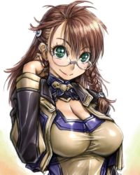 Rule 34 | 00s, 1girl, amania orz, braid, breasts, brown hair, cleavage, cleavage cutout, clothing cutout, glasses, gradient background, green eyes, large breasts, long hair, looking at viewer, shiny clothes, shion uzuki, side braid, smile, solo, upper body, xenosaga