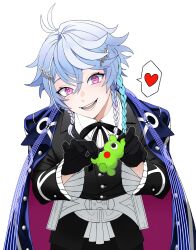 Rule 34 | 1boy, bishounen, black gloves, blue hair, braid, coat, coat on shoulders, commentary, english commentary, frilled sleeves, frills, gloves, hair between eyes, hair ornament, heart, highres, hiropon (owo hiropon), holding, holostars, holostars english, jacket, looking at viewer, male focus, multicolored hair, multiple braids, octavio, open mouth, pink eyes, ribbon, shirt, short hair, smile, solo, speech bubble, spoken heart, teeth, tri braids, upper body, virtual youtuber, white background, white hair