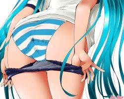 Rule 34 | 1girl, alternate costume, aqua hair, ass, ass focus, blouse, blue panties, buruma, buruma pull, clothes pull, dr rex, gym uniform, hatsune miku, legs together, long hair, lower body, panties, pantyshot, pulled by self, shirt, simple background, solo, stretching, striped clothes, striped panties, thighs, twintails, underwear, very long hair, vocaloid, white background, white shirt