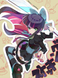 Rule 34 | 01 0219, 10s, 1girl, angry, black hair, bow, colored inner hair, goth fashion, gothic lolita, green eyes, lolita fashion, long hair, multicolored hair, nail polish, panty &amp; stocking with garterbelt, purple hair, purple nails, skirt, solo, stocking (psg), striped clothes, striped thighhighs, stripes i &amp; ii, sword, thighhighs, two-tone hair, typo, weapon