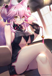 Rule 34 | 1girl, animal ear fluff, animal ears, breasts, dress, fate/grand order, fate (series), fox ears, gendo0032, glasses, hair between eyes, koyanskaya (chinese lostbelt outfit) (fate), koyanskaya (fate), large breasts, looking at viewer, pink hair, smile, solo, tail, tamamo (fate), tamamo no mae (fate/extra), yellow eyes