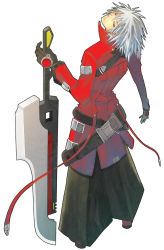 Rule 34 | 1boy, arc system works, black pants, blazblue, heterochromia, huge weapon, looking back, male focus, pants, ragna the bloodedge, solo, sword, weapon, white background