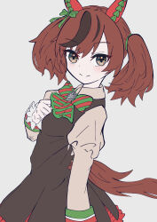 Rule 34 | 1girl, absurdres, animal ears, aramedraw, bow, bowtie, brown hair, collared shirt, diagonal-striped bow, diagonal-striped bowtie, diagonal-striped clothes, dress, frilled sleeves, frills, green bow, green bowtie, grey eyes, grey skirt, highres, horse ears, horse girl, horse tail, light blush, long sleeves, looking at viewer, nice nature (umamusume), pinafore dress, red bow, red bowtie, shirt, simple background, skirt, sleeve cuffs, sleeveless, sleeveless dress, smile, solo, striped clothes, tail, twintails, umamusume, white background, white shirt