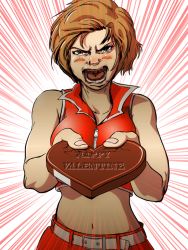 Rule 34 | 1girl, bare shoulders, belt, blush, breasts, brown hair, candy, chocolate, chocolate heart, commentary, crack, crop top, emphasis lines, food, giving, heart, holding, holding chocolate, holding food, holding heart, looking at viewer, medium breasts, meiko (vocaloid), midriff, navel, nippori honsha, open mouth, red shirt, red skirt, shirt, short hair, skirt, solo, v-shaped eyebrows, valentine, vocaloid, zipper