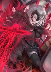 Rule 34 | 1girl, absurdres, armor, armored dress, banner, breasts, cape, fate/grand order, fate (series), fire, fur-trimmed cape, fur collar, fur trim, gauntlets, gloves, headpiece, highres, huge filesize, jeanne d&#039;arc (fate), jeanne d&#039;arc alter (avenger) (fate), jeanne d&#039;arc alter (fate), large breasts, penguintake, short hair, silver hair, thighhighs, torn clothes, torn gloves, tsurime, yellow eyes