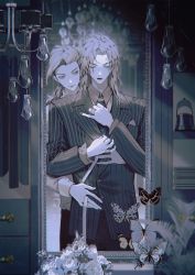 2boys, black lips, black pants, bug, butterfly, buttons, closed mouth, diavolo, dual persona, eyes closed, flower, hand on another&#039;s chest, highres, insect, jacket, jewelry, jojo no kimyou na bouken, light bulb, long hair, long sleeves, looking at another, mirror, monochrome, multiple boys, necktie, pants, plant, reflection, ribbon, ring, spotted hair, striped, striped jacket, striped suit, vento aureo, vinegar doppio, wrist cuffs, youamo
