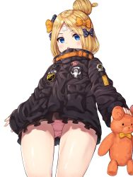Rule 34 | 1girl, :o, abigail williams (fate), abigail williams (traveling outfit) (fate), absurdres, bad id, bad pixiv id, black bow, black jacket, blonde hair, blue eyes, blush, bow, commentary request, fate/grand order, fate (series), from below, hair bow, hair bun, highres, holding, holding stuffed toy, jacket, long hair, long sleeves, looking at viewer, looking down, official alternate costume, orange bow, panties, parted bangs, parted lips, pink panties, polka dot, polka dot bow, rangen, round teeth, simple background, single hair bun, sleeves past wrists, solo, stuffed animal, stuffed toy, teddy bear, teeth, underwear, upper teeth only, white background