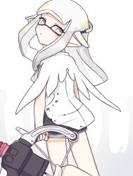Rule 34 | 1girl, black shorts, bow (weapon), capelet, commentary, eyelashes, headpiece, holding, holding bow (weapon), holding weapon, inkling, inkling girl, inkling player character, inuowour, long hair, looking back, nintendo, pointy ears, reef-lux 450 (splatoon), shirt, shorts, simple background, solo, splatoon (series), splatoon 3, weapon, white background, white capelet, white eyes, white hair, white shirt