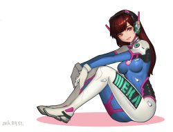 Rule 34 | 1girl, 2016, acronym, animal print, armor, bad anatomy, blue bodysuit, blunt bangs, bodysuit, boots, bracer, breasts, breasts apart, brown eyes, brown hair, clothes writing, d.va (overwatch), dated, eyelashes, facepaint, facial mark, fujoshi kusako, full body, gloves, hands on own knees, headphones, highres, knees up, long hair, looking away, medium breasts, overwatch, overwatch 1, parted lips, pauldrons, pilot suit, pink lips, rabbit print, ribbed bodysuit, shoulder armor, shoulder pads, simple background, sitting, skin tight, smile, solo, teeth, thigh boots, thigh strap, thighhighs, turtleneck, whisker markings, white background, white footwear, white gloves
