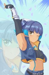 Rule 34 | 1girl, absurdres, arm up, armpits, belt, black gloves, blue background, blue hair, blue jacket, body markings, breast pocket, breasts, brown eyes, closed mouth, commentary request, cropped jacket, elbow gloves, eyelashes, fiery hair, fingerless gloves, gloves, highres, jacket, multicolored hair, navel, one eye closed, pocket, sena (xenoblade), small breasts, smile, solo, star (symbol), tokuh (toku h ), two-tone hair, xenoblade chronicles (series), xenoblade chronicles 3, zoom layer