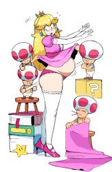 Rule 34 | 1girl, 3others, ? block, belly, blue eyes, blush, book, breasts, chair, crown, dress, earrings, embarrassed, english text, eyelashes, fabric, gloves, high heels, highres, jewelry, long hair, looking back, mario (series), multiple others, nintendo, noodlemage, open mouth, panties, pregnant, princess peach, sewing, simple background, sphere earrings, stomach, stool, super star (mario), tape measure, thighhighs, toad (mario), underwear