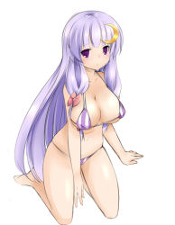Rule 34 | 1girl, bad id, bad pixiv id, bikini, bow, breasts, cleavage, crescent, crescent hair ornament, female focus, hair bow, hair ornament, kneeling, large breasts, long hair, micro bikini, patchouli knowledge, purple eyes, purple hair, salmon (saaamon), simple background, skindentation, solo, striped bikini, striped clothes, swimsuit, temperature, touhou, white background