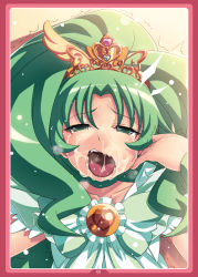 Rule 34 | 10s, 1girl, blush, border, cover, cum, cum in mouth, cum on tongue, cure march, cure march (princess form), facial, green eyes, green hair, green theme, long hair, magical girl, midorikawa nao, open mouth, ponytail, precure, red border, smile precure!, solo, tasaka shinnosuke