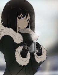 Rule 34 | 1girl, black hair, commentary, cup, drink, fur trim, gloves, hinomaru (futagun), holding, holding cup, jacket, original, solo, winter clothes
