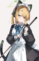 Rule 34 | 1girl, absurdres, animal ear headphones, animal ears, apron, black dress, blonde hair, blue archive, blush, cat tail, closed mouth, dress, fake animal ears, green eyes, green halo, halo, headphones, higa (gominami), highres, long sleeves, looking at viewer, maid, maid apron, maid headdress, midori (blue archive), midori (maid) (blue archive), official alternate costume, puffy long sleeves, puffy sleeves, short hair, solo, tail, white apron