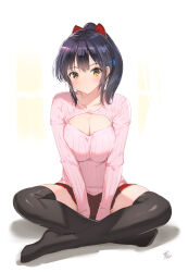 Rule 34 | 1girl, :/, arms between legs, artist name, black hair, black thighhighs, blush, bow, breasts, breasts squeezed together, cleavage cutout, clothing cutout, collarbone, hair bow, indian style, large breasts, light blush, long sleeves, looking at viewer, medium hair, original, pleated skirt, ponytail, red bow, red skirt, ribbed sweater, sidelocks, signature, simple background, sitting, skirt, solo, sweater, thighhighs, white background, yaegashi nan, yellow eyes, zettai ryouiki