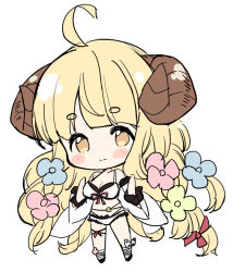 Rule 34 | 1girl, ahoge, anila (granblue fantasy), anila (summer) (granblue fantasy), bikini, blonde hair, blue flower, blush stickers, bow, breasts, brown eyes, chibi, cleavage, closed mouth, curled horns, draph, flower, full body, granblue fantasy, hair bow, hair flower, hair ornament, hands up, horns, large breasts, long hair, long sleeves, looking at viewer, meito (maze), pink flower, red bow, sheep horns, short eyebrows, simple background, smile, solo, standing, swimsuit, thick eyebrows, very long hair, white background, white bikini, wide sleeves, yellow flower