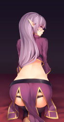 Rule 34 | 1girl, all fours, ass, back, black thighhighs, commentary, dark background, elf, english commentary, facial tattoo, gradient background, highres, kaleina (ricegnat), leaning forward, long hair, long sleeves, looking at viewer, looking back, original, parted lips, pointy ears, purple hair, ricegnat, solo, tattoo, thighhighs
