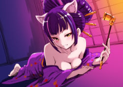 Rule 34 | 10s, 1girl, animal ears, bare shoulders, barefoot, blush, breast press, breasts, cat ears, cat girl, cat tail, cleavage, darudayu (show by rock!!), door, dutch angle, eyeshadow, female focus, grin, hair ornament, hair up, holding, holding smoking pipe, japanese clothes, kimono, kiseru, long hair, looking at viewer, lying, makeup, off shoulder, on stomach, parted lips, purple hair, short hair, show by rock!!, slit pupils, smile, smoking pipe, solo, tail, takayama chihiro, teeth, wide sleeves, yellow eyes, yuujo