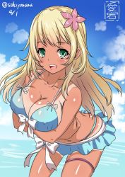 Rule 34 | 10s, 1girl, artist name, atago (kancolle), bare shoulders, bikini, blonde hair, blush, breast hold, breasts, cleavage, collarbone, covered erect nipples, female focus, flower, front-tie bikini top, front-tie top, green eyes, hair flower, hair ornament, kantai collection, large breasts, leaning forward, long hair, looking at viewer, miniskirt, navel, one eye closed, open mouth, sakiyamama, skirt, smile, solo, swimsuit, tan, tanline