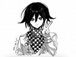 Rule 34 | 1boy, buttons, checkered clothes, checkered scarf, closed mouth, danganronpa (series), danganronpa v3: killing harmony, flipped hair, hair between eyes, hand up, highres, jacket, long sleeves, looking at viewer, oma kokichi, protected link, scarf, short hair, sketch, smile, solo, translation request, upper body, v, ze ro saiji