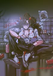 Rule 34 | 1girl, absurdres, black gloves, breasts, brown hair, choker, cleavage, death-sensei (mori calliope), enma-chan, gloves, graffiti, high ponytail, highres, hololive, hololive english, horns, j-chad, jenma-chan, lanyard, looking at viewer, ponytail, purple-tinted eyewear, purple-tinted glasses, red eyes, set7, shirt, shoes, sitting, sleeves pushed up, sneakers, solo, spray paint, sunglasses, tinted eyewear, virtual youtuber, white shirt