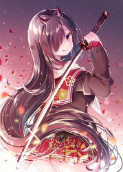 Rule 34 | 1girl, :q, ass, bare shoulders, black hair, black shirt, blush, closed mouth, commentary request, floral print, hand up, holding, holding sword, holding weapon, horns, katana, long hair, long sleeves, looking at viewer, looking back, multicolored hair, nemuri nemu, off shoulder, original, pleated skirt, puffy long sleeves, puffy sleeves, red eyes, red hair, red sailor collar, red skirt, sailor collar, school uniform, serafuku, shirt, skirt, smile, solo, streaked hair, sword, tongue, tongue out, very long hair, weapon
