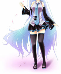 Rule 34 | 1girl, breasts, detached sleeves, gradient hair, hatsune miku, head out of frame, long hair, multicolored hair, necktie, nyaa (nnekoron), simple background, skirt, solo, thighhighs, very long hair, vocaloid, white background, zettai ryouiki