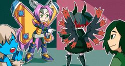 Rule 34 | alley, arthropod girl, blue skin, center frills, colored skin, crossover, frills, gothic lolita, ignitrix, insect wings, lolita fashion, marvel, mega man (series), mega man x2, mega man x (series), meme, messy hair, morph moth (mega man), moth antennae, moth wings, osamodas, pointing, pointing at another, pointing spider-man (meme), pointy ears, respirator, setz, simple background, spider-man (series), tagme, wings