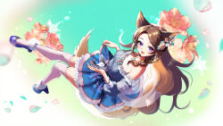 Rule 34 | 1girl, animal, animal ear fluff, animal ears, bird, blue dress, blue footwear, bow legwear, braid, breasts, brown hair, commission, dress, flower, frilled dress, frills, full body, hair flower, hair ornament, high heels, highres, holding, holding animal, holding bird, indie virtual youtuber, long hair, medium breasts, open mouth, peaches (vtuber), petals, pink flower, purple eyes, skeb commission, skirt hold, snowflake hair ornament, snowflake print, snowflakes, solo, striped, tail, thighhighs, vertical stripes, virtual youtuber, white thighhighs, yuarima2