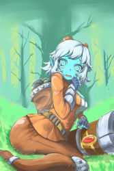 Rule 34 | 1girl, backpack, bag, belt, blue eyes, blue skin, blush, bracer, breasts, cannon, colored skin, fingerless gloves, forest, gloves, goggles, goggles on head, highres, league of legends, nature, pants, pointy ears, short hair, silver hair, sitting, solo, tears, tristana, trombe, wariza