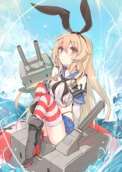 Rule 34 | 10s, 1girl, alternate eye color, anchor, bad id, bad pixiv id, black panties, blonde hair, blush, boots, elbow gloves, gloves, grey footwear, hair ornament, hairband, highleg, highleg panties, highres, kantai collection, lifebuoy, long hair, looking at viewer, orange eyes, panties, personification, rensouhou-chan, shimakaze (kancolle), sitting, skirt, solo, striped clothes, striped thighhighs, swim ring, thighhighs, underwear, white gloves, yuran