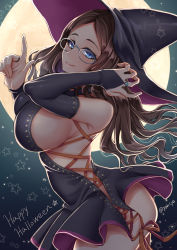 Rule 34 | 1girl, bare shoulders, black dress, blue eyes, blush, breasts, bridal gauntlets, brown hair, closed mouth, detached sleeves, dress, fate/grand order, fate (series), forehead, full moon, glasses, happy halloween, hat, highres, large breasts, leonardo da vinci (fate), leonardo da vinci (witch of moonlit night) (fate), long hair, looking at viewer, moon, night, night sky, parted bangs, short dress, sideboob, sidelocks, sky, smile, thighs, witch hat, youshuu