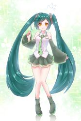 Rule 34 | 1girl, absurdres, bare shoulders, blue hair, blush, commentary, cosplay, detached sleeves, ekaki-ya okamoto, green footwear, green necktie, green skirt, green sleeves, hair ornament, hand up, hatsune miku, hatsune miku (cosplay), highres, light blush, long hair, looking at viewer, miniskirt, necktie, pleated skirt, shirt, shoulder tattoo, skirt, sleeveless, sleeveless shirt, smile, solo, sweat, tattoo, tie clip, touhoku zunko, twintails, very long hair, vocaloid, voiceroid, white shirt, yellow eyes