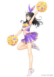 Rule 34 | 1girl, :d, arm up, armpits, bare arms, bare legs, black hair, blue eyes, bow, bow hairband, cheerleader, clothes writing, copyright request, crop top, from side, full body, hairband, leg up, looking at viewer, looking to the side, miniskirt, navel, open mouth, original, pleated skirt, pom pom (cheerleading), purple bow, purple hairband, purple skirt, shoes, skirt, sleeveless, smile, sneakers, solo, standing, standing on one leg, star (symbol), tony taka, white footwear