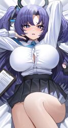 Rule 34 | 1girl, absurdres, arms up, black halo, black skirt, blue archive, blue necktie, blush, breasts, button gap, halo, highres, jeze, large breasts, long hair, long sleeves, lying, mechanical halo, necktie, open mouth, parted bangs, partially unbuttoned, pleated skirt, purple eyes, purple hair, shirt, skirt, solo, twintails, white shirt, yuuka (blue archive)