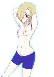 Rule 34 | 1girl, armpits, arms behind head, artist request, blonde hair, blue jammers, blue male swimwear, blush, breasts, crossdressing, drawstring, dutch angle, earrings, female focus, hair intakes, hair over one eye, hands behind, highres, idolmaster, idolmaster cinderella girls, jammers, jewelry, looking at viewer, male swimwear, male swimwear challenge, nipples, red eyes, shirasaka koume, short hair, simple background, small breasts, smile, solo, source request, standing, swimsuit, topless, white background