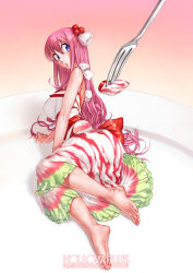 Rule 34 | 1girl, arm support, bad id, bad pixiv id, bare shoulders, barefoot, blue eyes, cake, cannibalism, dress, feet, food, fork, fruit, hair ornament, kazeto, legs, long hair, lying, megurine luka, mini person, minigirl, nail polish, objectification, on side, open mouth, original, pink hair, plate, soles, solo, strawberry, toenail polish, toenails, toes, very long hair, vocaloid, vore, watermark, web address, what