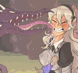 1boy 1girl absurdres blush breasts clenched_teeth closed_eyes commission commissioner_upload corrin_(female)_(fire_emblem) corrin_(fire_emblem) crossover davewaterfalls dragon drooling fire_emblem fire_emblem_fates hair_between_eyes hairband highres horns licking licking_another&#039;s_face long_hair long_tongue metroid nintendo pointy_ears ridley saliva saliva_trail super_smash_bros. teeth tongue tongue_out