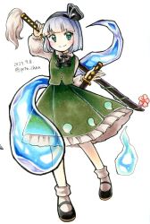 Rule 34 | 1girl, black footwear, black hairband, black ribbon, closed mouth, commentary request, flat chest, frilled skirt, frills, full body, green eyes, green skirt, green vest, hair ribbon, hairband, holding, holding sword, holding weapon, konpaku youmu, konpaku youmu (ghost), long sleeves, looking at viewer, mary janes, neck ribbon, proton, ribbon, shirt, shoes, short hair, simple background, skirt, smile, socks, solo, sword, touhou, vest, weapon, white background, white hair, white shirt, white socks