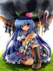 Rule 34 | 1girl, blue hair, blush, boots, cross-laced footwear, female focus, food, fruit, hands on own knees, hat, hinanawi tenshi, katahira masashi, knee boots, kneeling, lace-up boots, long hair, looking at viewer, peach, red eyes, rock, sitting, smile, solo, sword, sword of hisou, touhou, weapon