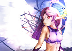 Rule 34 | 1girl, angel wings, breasts, commentary request, spiked halo, crop top, cross, double halo, feathered wings, gradient hair, halo, jibril (no game no life), long hair, low wings, magic circle, medium breasts, midriff, multicolored hair, no game no life, pink eyes, pink hair, sideboob, solo, symbol-shaped pupils, tawawa (kakeibo7ykwety), very long hair, white wings, wing ears, wings